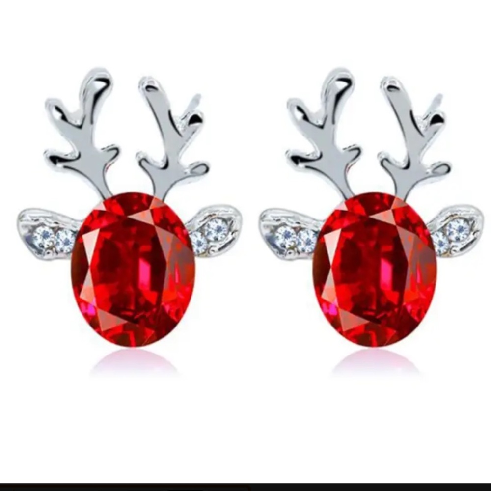 Exquisite Christmas 925s Sterling Silver Red Reindeer Earrings - Picture 3 of 6